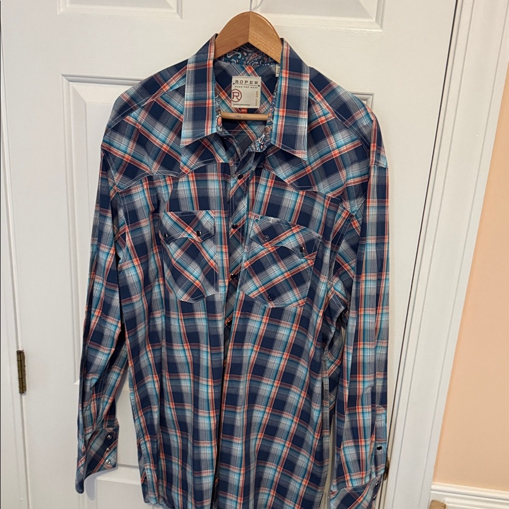 Men's Roper Navy and Orange Plaid Button Down Shirt